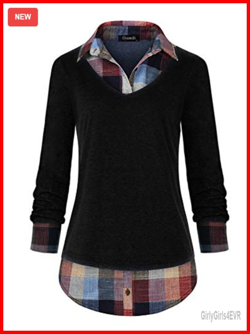 Women's 2-in-1 Collared Curved Hem Pullover Tunic Top Plaid Contrast Blouse